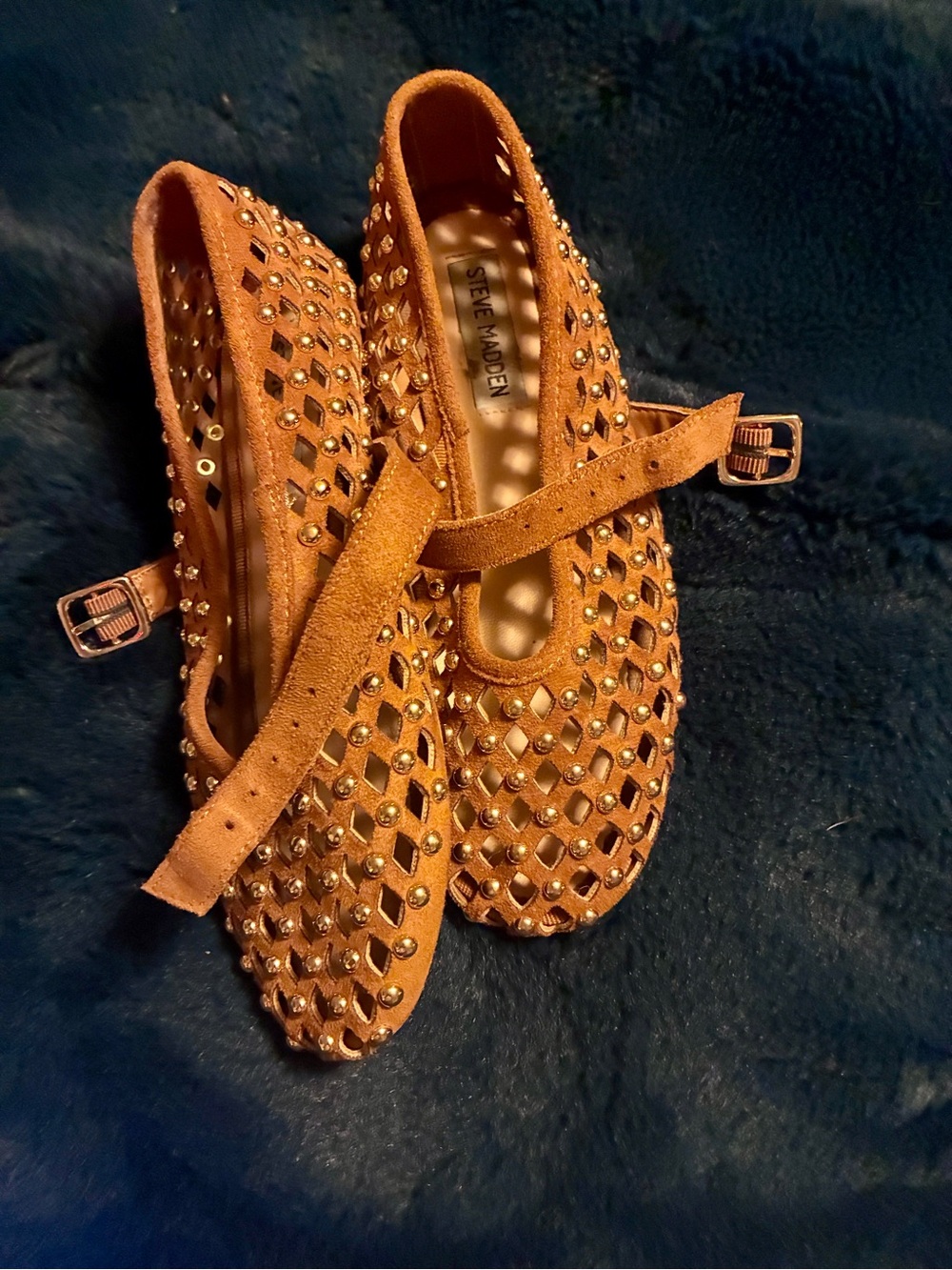 Steve Madden Studded Mary Jane Flats in Tan Suede